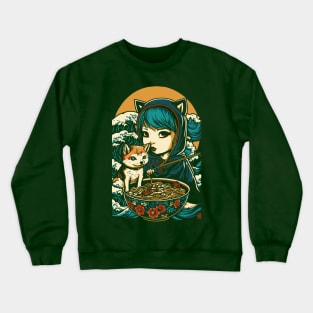 Girl with a Shiba Inu dog friend eats and loves ramen Crewneck Sweatshirt